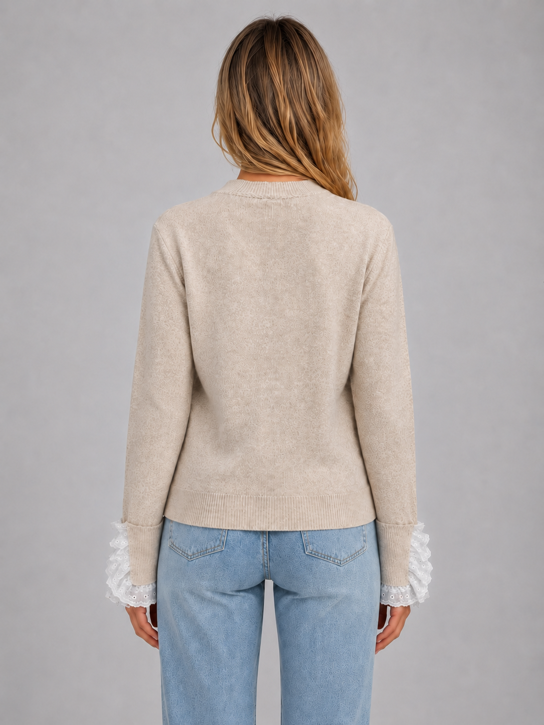 Women Beige Lace Trim Knitted Crew Neck Jumper Top