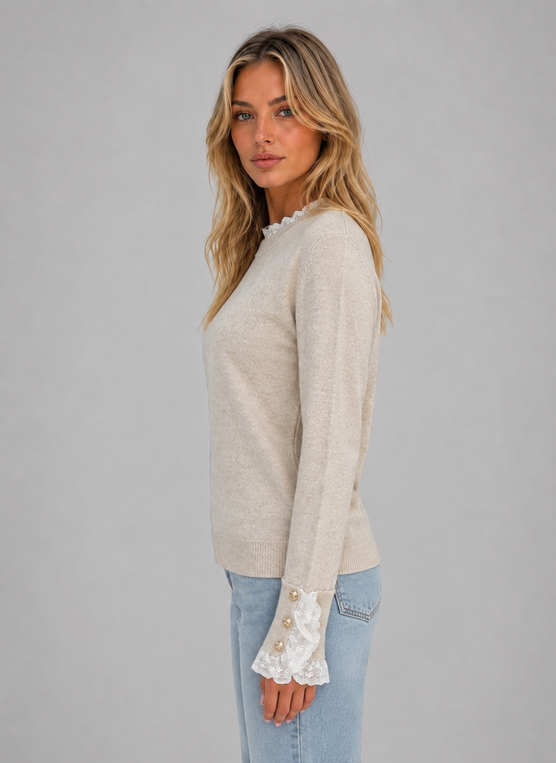 Women Beige Lace Trim Knitted Crew Neck Jumper Top