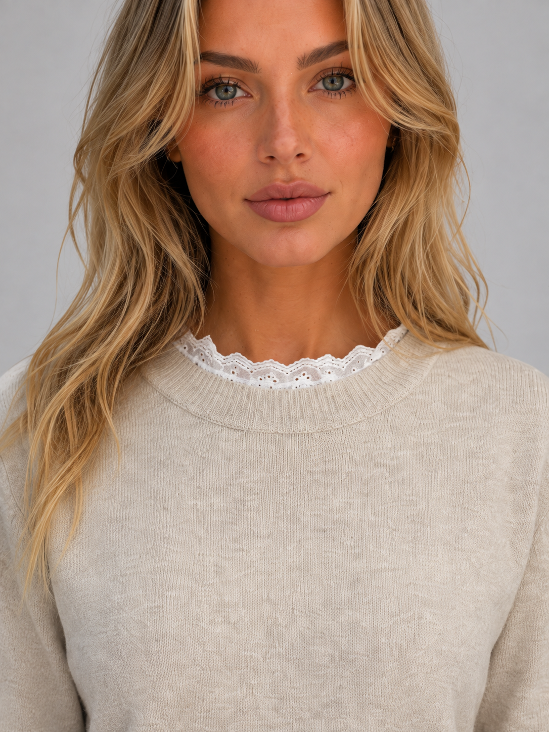 Women Beige Lace Trim Knitted Crew Neck Jumper Top