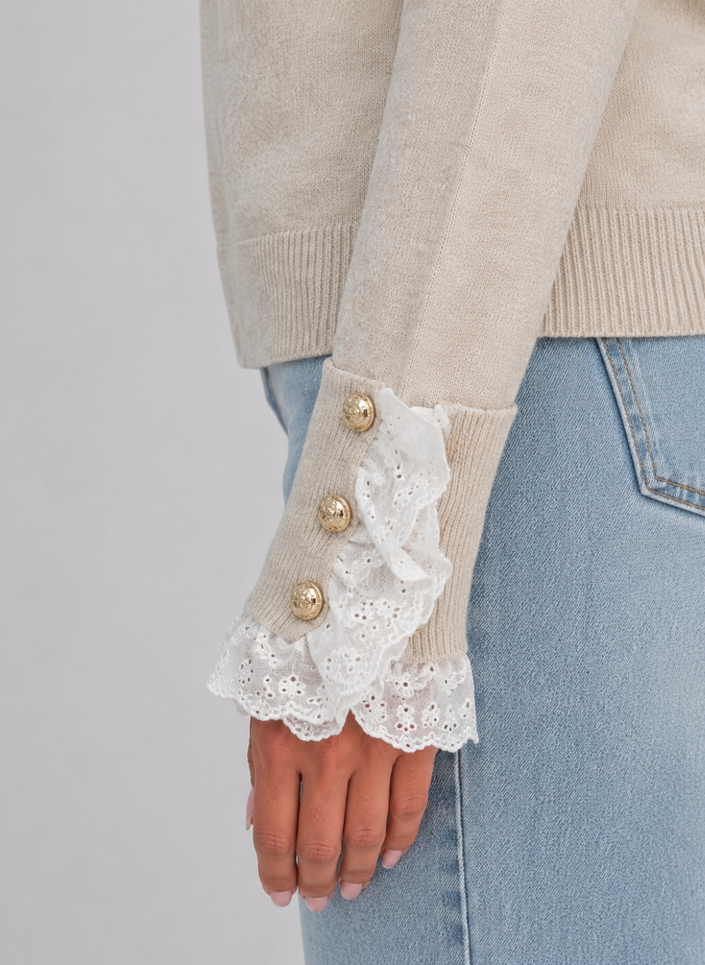 Women Beige Lace Trim Knitted Crew Neck Jumper Top
