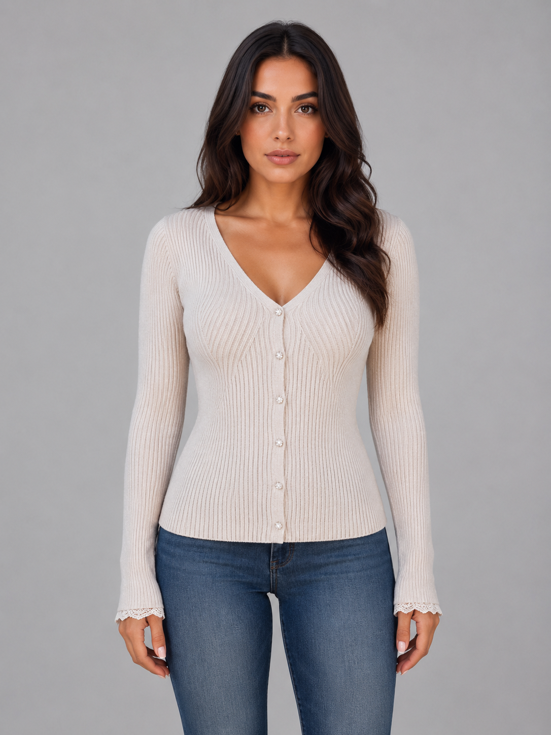 Women Ribbed Knit V Neck Button Cardigan