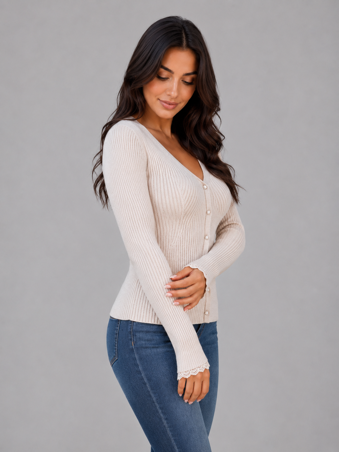 Women Ribbed Knit V Neck Button Cardigan