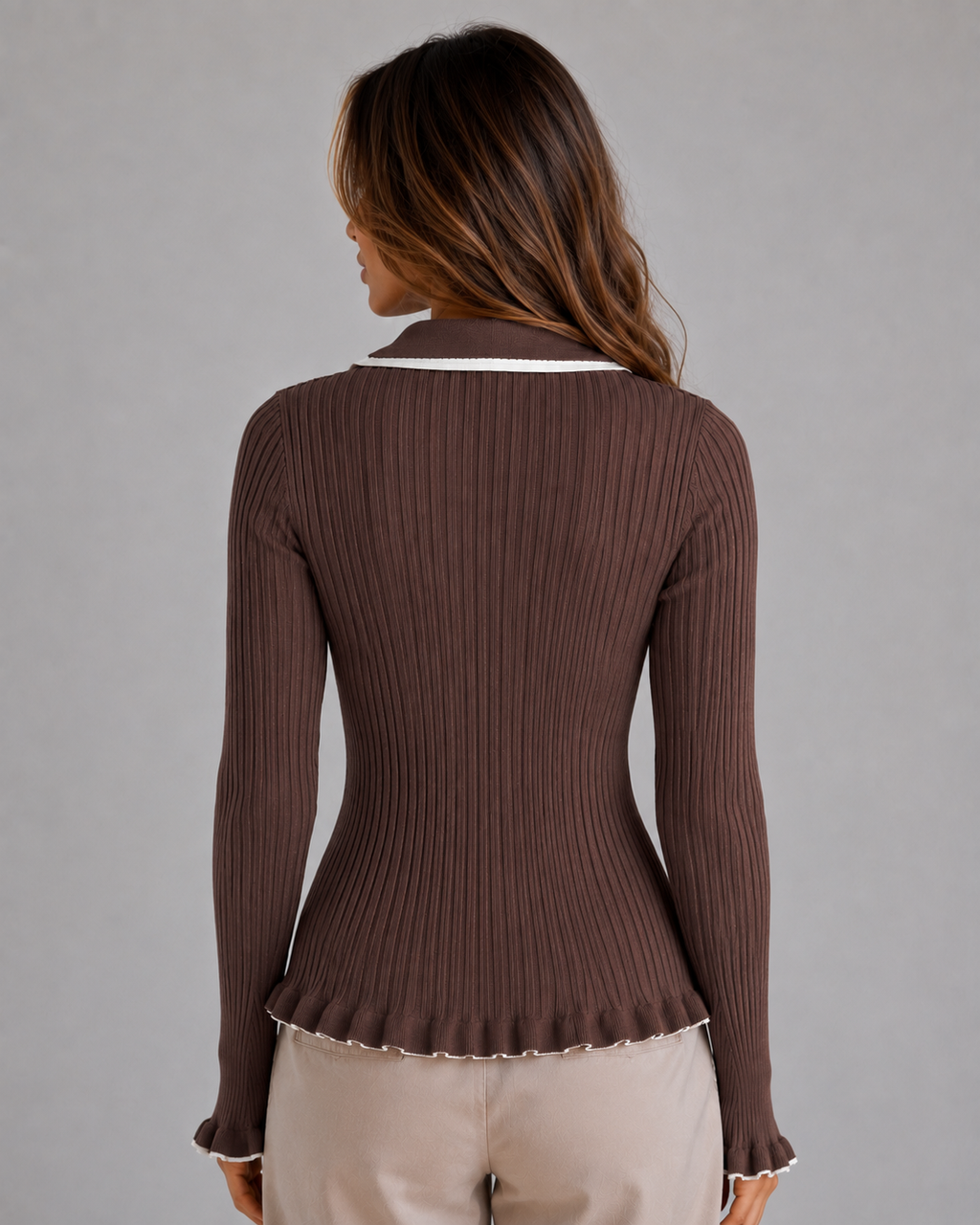 Women Ribbed Knit Polo Long Sleeve Top