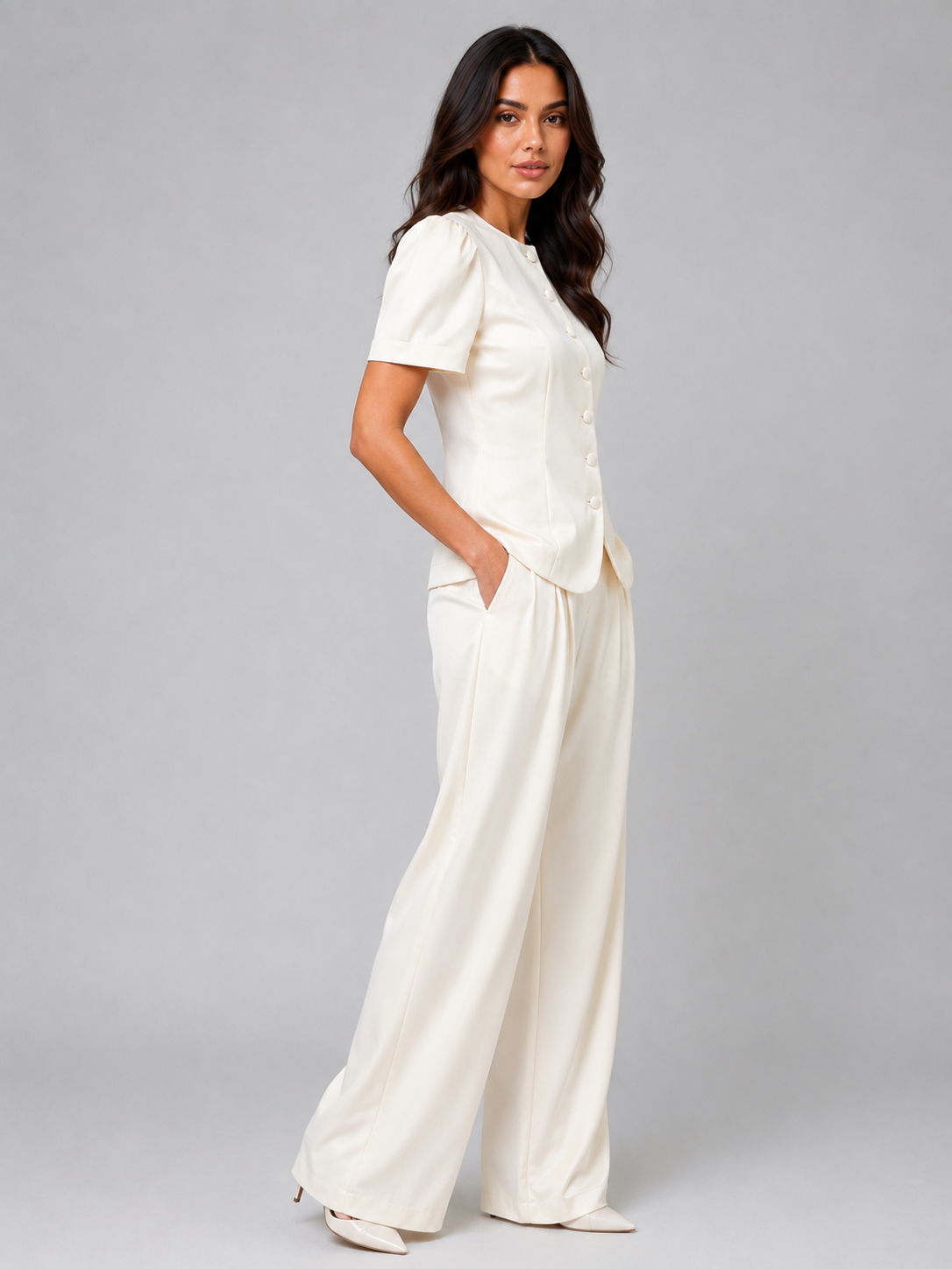 Women Cream Tailored Wide Leg Trouser Suit Set