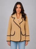 Women Beige Teddy Fleece Jacket With Black Trim