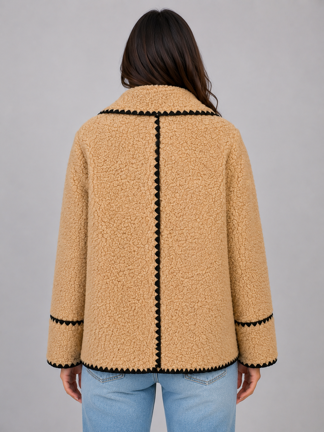 Women Beige Teddy Fleece Jacket With Black Trim