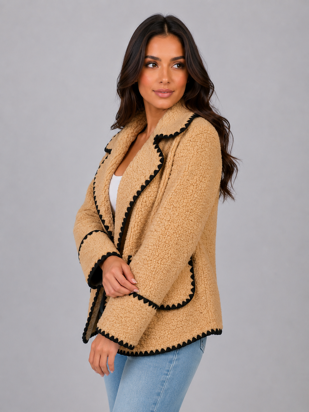 Women Beige Teddy Fleece Jacket With Black Trim