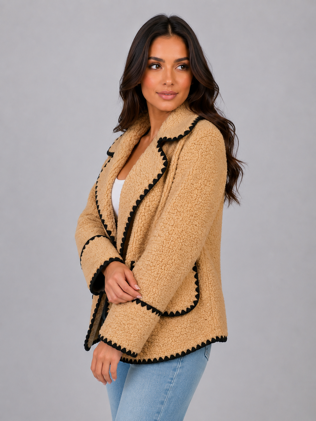Women Beige Teddy Fleece Jacket With Black Trim